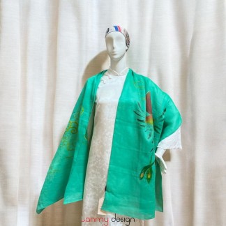 Grass green ramie scarf hand-painted with phoenix 70*190cm